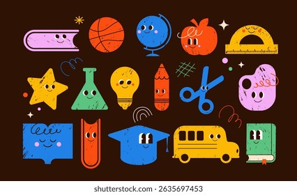 Colorful grid layout of cute characters, including school bus, books, apple scissors and pencil. Hand drawn vector icons set on on blackboard background