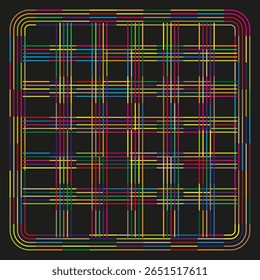 Padrão de grade colorido. Design de linha de interseção. Malha geométrica abstrata. Fundo escuro do vetor.