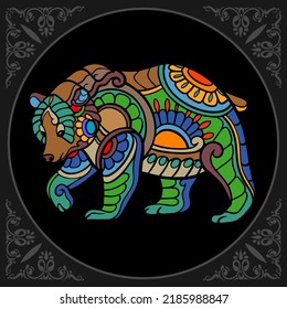 Colorful grizzly bear zentangle arts isolated on black background