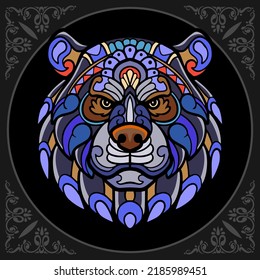 Colorful grizzly bear zentangle arts isolated on black background
