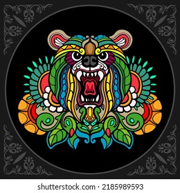 Colorful grizzly bear zentangle arts isolated on black background