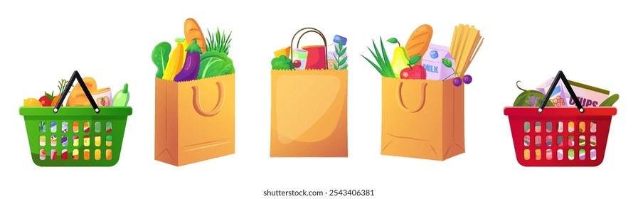 Coloridas bolsas de comestibles y cestas llenas de alimentos frescos. Ilustración vectorial