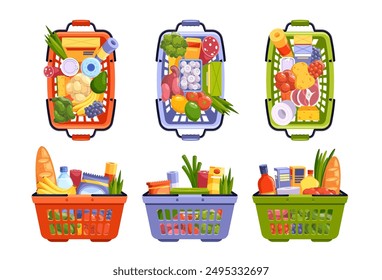 Colorful Grocery Baskets Filled With A Diverse Selection Of Fresh Produce, Dairy, And Pantry Items, Vector Illustration