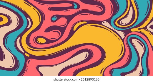 Colorful Groovy Abstract Background with Multicolored Psychedelic Retro Bold Line Swirls. Perfect for music posters, retro design, and funky fashion