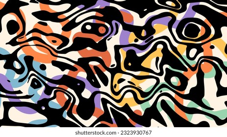 Colorful groovy abstract background. Trendy psychedelic trippy texture. Aesthetic curvy rainbow colored stripes on beige backdrop. Flowing liquid fantasy marble pattern. Vector banner design.