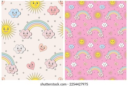 Colorful Groovy Cartoon Style Seamless Vector Patterns with Smiling Cloud, Heart, Rainbow, Sun and Stars on a Light Pink and Beige Background. Baby Girls' Party Print ideal for Fabric, Wrapping Paper.
