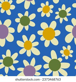 Colorful Groovy Chamomile Seamless Pattern in vintage style. Trendy floral background with hand drawn flowers. Repeat vector illustration.