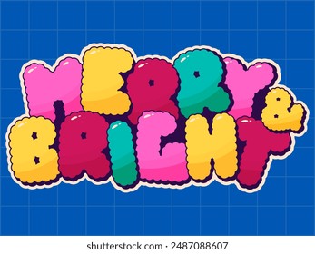 Colorful Groovy Christmas sticker noel phrase Merry Bright.