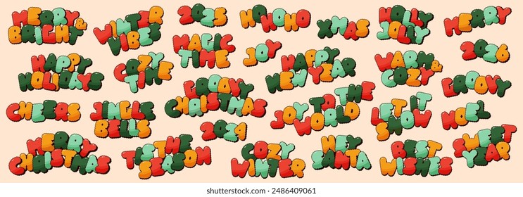 Colorful Groovy Christmas sticker pack. Retro label noel phrases.