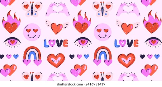 Colorful groovy design of hearts, rainbow, butterfly, eye on light background. Love and passion. Valentine's Day. Grungy hand drawn style. Banner, header, cover