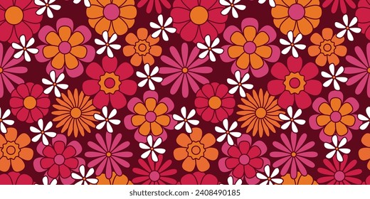 Colorful groovy floral seamless pattern. Hippie aesthetic. Funny multicolored print for fabric, paper, any surface design. Psychedelic wallpaper