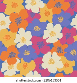 Colorful groovy flowers seamless pattern. Hippie aesthetic floral fashion print