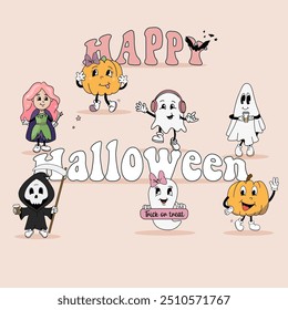 Colorful groovy Halloween illustration with playful characters like pumpkins, ghosts, and a reaper, surrounding "Happy Halloween" text in a retro style. Vector illustration