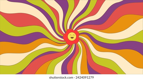 Colorful groovy hippie 70s background. Twisted pattern with smiling flower head. Vector psychedelic abstract fun wallpaper. Retro style design for print on textile, paper, social media or web design
