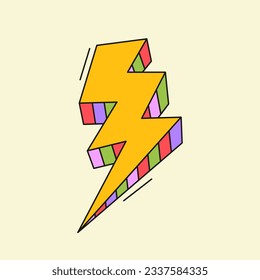 Colorful groovy lightning icon. Vintage hippie thunder art. Funky vector graphic design. Contemporary art decoration