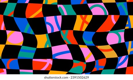 Colorful groovy liquid background. Abstract retro aesthetic 60s, 70s, 80s vector illustration. Checkered background with distorted squares. Hand drawn patchwork pattern.