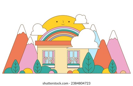 Colorful groovy mountains, house and rainbow illustration in 70s and 60s style. Vintage hippie landscape. Seventies nature background. Vector graphic design. Cosy home