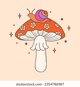 Colorful groovy mushroom and snail in 70s and 60s style. Vintage hippie amanita with daisy flowers. Psychedelic seventies illustration. Vector graphic design.