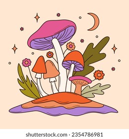 Colorful groovy mushrooms and flowers illustration in 70s and 60s style. Vintage hippie landscape. Psychedelic seventies flora. Vector graphic design.