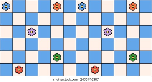 Colorful groovy pattern with flowers on a blue checkered background. Groovy, funky, trippy, psychedelic, floral, hippie, 60s, 70s, checkerboard, distorted grid pattern. Textile.