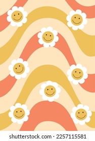 Colorful groovy poster in 70s and 60s hippy art style. 70s seamless vector pattern with abstract rainbow waves. Psychedelic background with colorful wavy lines and smiling daisies.