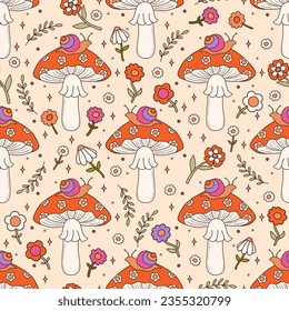 Colorful groovy seamless pattern with mushroom, snail and flowers. 70s and 60s style vintage hippie amanita background. Psychedelic seventies texture. Vector graphic design.