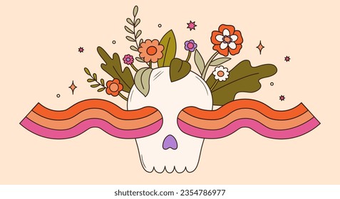 Colorful groovy skull with flowers and rainbow waves in 70s and 60s style. Vintage hippie illustration. Psychedelic seventies art. Vector graphic design.