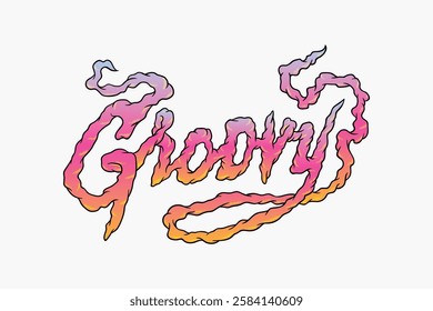 Colorful 'Groovy' text in a wavy, psychedelic style with a gradient of pink, orange, and purple. Retro, vibrant, and artistic design with a vintage feel. Vector isolated on white.