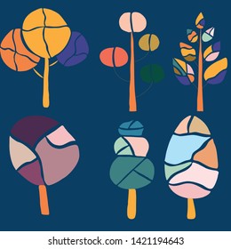 Colorful groovy trees, vector illustrations, perfect for use on the web, or in print, as standalone icons. Vector icons