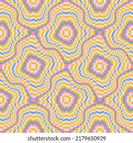 Colorful Groovy Wavy Melted Psychedelic Checkerboard Y2K 90s seamless pattern. Retro hippie trippy optical repeat texture wallpaper, textile design. Vector illustration.