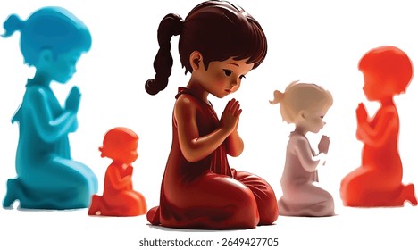 Um grupo colorido de estatuetas de menina de oração. Cada um está ajoelhado em oração com as mãos juntas. As meninas são de cores diferentes, criando uma cena vibrante e espiritual.
