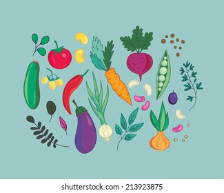 Colorful group of vegetables on blue background. Vector illustration.