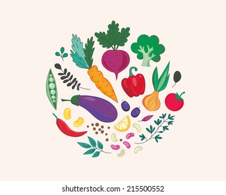 Colorful group of vegetables in round shape. Vector illustration.