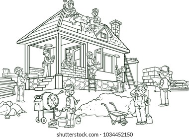 Colorful grown up men making different house remodeling and building works at construction site