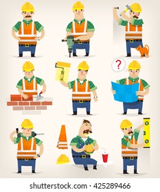 Colorful grown up men making different house remodeling and building works at construction site.