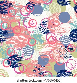 Colorful grunge abstract seamless pattern with different brush strokes and shapes. Infinity textured circles background. Vector illustration