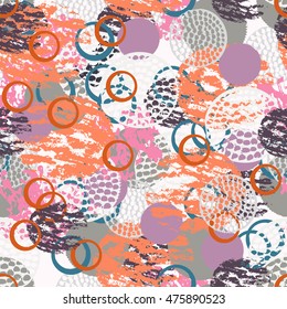 Colorful grunge abstract seamless pattern with different brush strokes and shapes. Infinity textured circles background. Vector illustration.