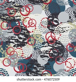 Colorful grunge abstract seamless pattern with different brush strokes and shapes. Infinity textured circles background. Vector illustration