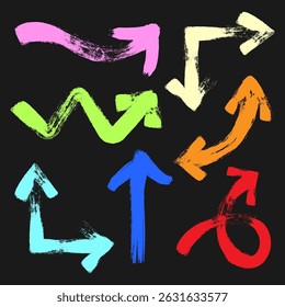 Colorful Grunge Arrows Set on Black Background. Set of hand drawn arrows with brush stroke texture, perfect for presentations, infographics, web design, creative posters. Vector illustration