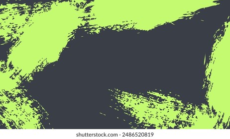 Colorful Grunge Background with Bright Green Brush Stroke. Vibrant distressed texture. Dark wallpaper with rough ink brushstroke pattern. Vintage edgy stain punk style. Vector illustration