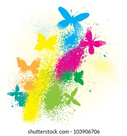 Colorful grunge background with butterflies. Vector