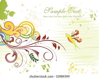 colorful grunge background with creative floral, cute bird