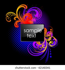 Colorful grunge background with glossy black button. Vector illustration.