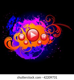 Colorful grunge background with glossy media control buttons. Vector illustration.
