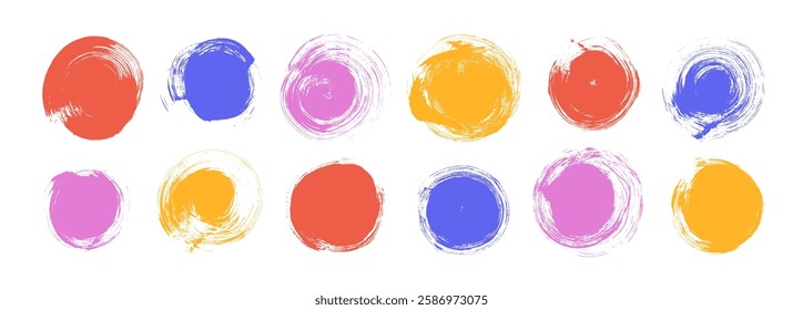 Colorful grunge brush drawn circles collection. Vector ink illustration with rough edges. Abstract bold dots. Hand drawn grunge circle stamps. Chinese and Japanese round shapes for collages.