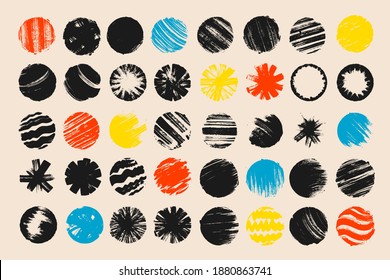 Colorful grunge circles, stamps, stickers. Round hand drawn textured shape.  Art composition.