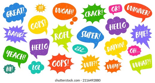 Colorful grunge comic speech bubbles with handwritten text. Hand drawn retro cartoon stickers. Chatting, message box. Vector illustration