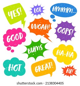 Colorful grunge comic speech bubbles with handwritten text. Hand drawn retro cartoon stickers. Chatting, message box. Vector illustration