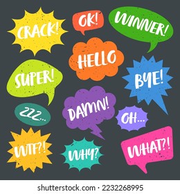 Colorful grunge comic speech bubbles with handwritten text. Hand drawn retro cartoon stickers. Chatting, message box. Vector illustration
