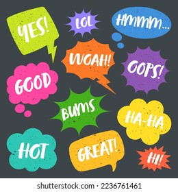 Colorful grunge comic speech bubbles with handwritten text. Hand drawn retro cartoon stickers. Chatting, message box. Vector illustration